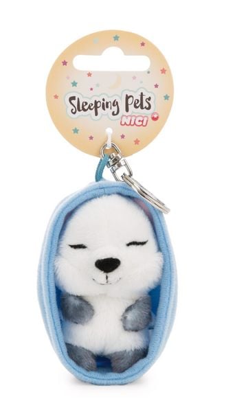 Produktbild: NICI - Schl&uuml;sselanh&auml;nger Sleeping Pets Schneefuchs 8cm K&ouml;rbchen hellblau an Header Karte