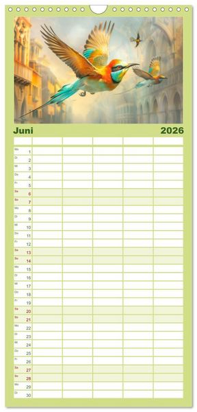 Produktbild: Familienplaner 2026 - Farbenfrohe Fantasiev&ouml;gel mit 5 Spalten (Wandkalender, 21 x 45 cm) CALVENDO
