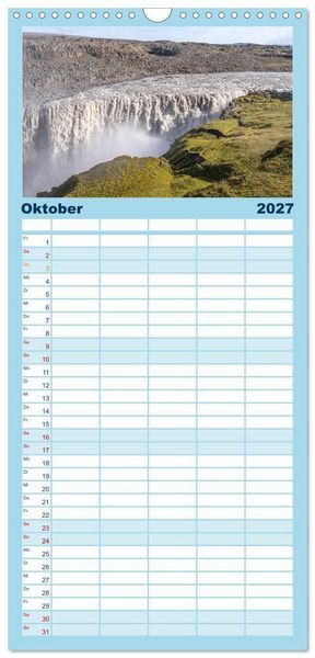 Produktbild: Familienplaner 2027 - Island - Gletscher, Wasserf&auml;lle, Hei&szlig;e Quellen mit 5 Spalten (Wandkalender, 21 x 45 cm) CALVENDO