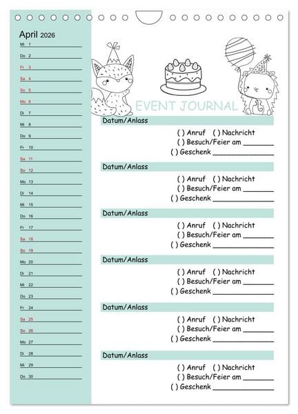 Produktbild: Geburtstagsplaner Doodle Tiere - F&uuml;r Termine, Geschenke, Eventdetails & mehr (Wandkalender 2026 DIN A4 hoch), CALVENDO Monatskalender