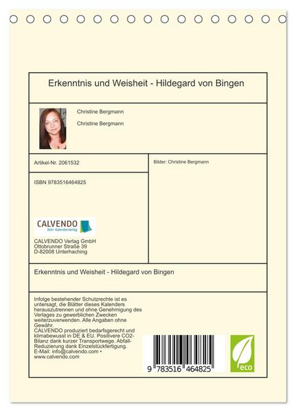 Produktbild: Erkenntnis und Weisheit - Hildegard von Bingen (Tischkalender 2026 DIN A5 hoch), CALVENDO Monatskalender
