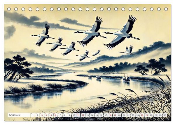 Produktbild: Eleganz der Kraniche - Majest&auml;tische V&ouml;gel in poetischer Tusche (Tischkalender 2026 DIN A5 quer), CALVENDO Monatskalender