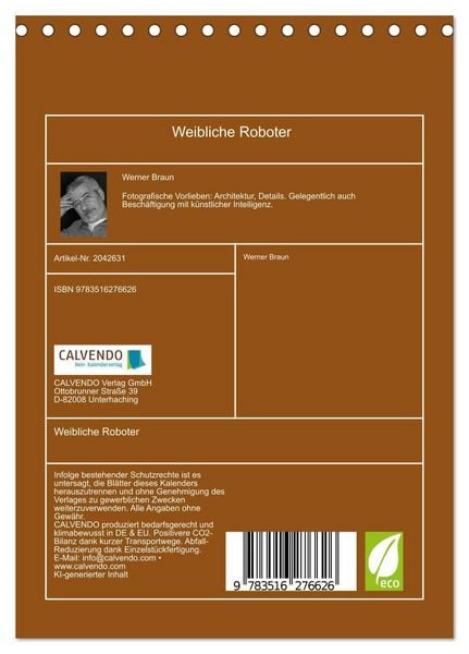 Produktbild: Weibliche Roboter (Tischkalender 2026 DIN A5 hoch), CALVENDO Monatskalender