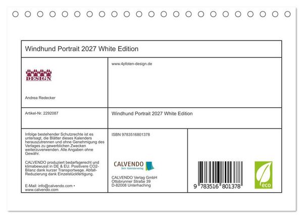 Produktbild: Windhund Portrait 2027 White Edition (Tischkalender 2027 DIN A5 quer), CALVENDO Monatskalender