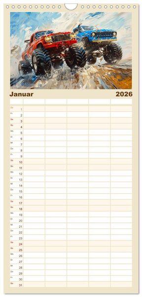 Produktbild: Familienplaner 2026 - Wilde Monstertrucks mit 5 Spalten (Wandkalender, 21 x 45 cm) CALVENDO