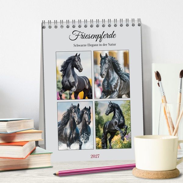 Produktbild: Friesenpferde. Schwarze Eleganz in der Natur (Tischkalender 2027 DIN A5 hoch), CALVENDO Monatskalender