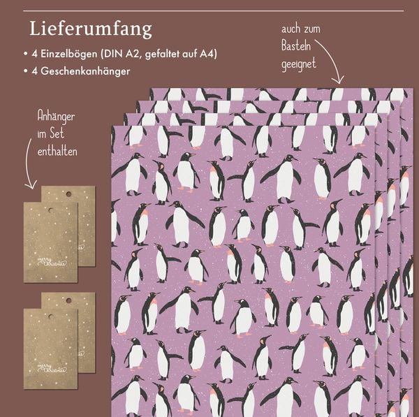 Produktbild: Geschenkpapier Set Weihnachten: Pinguine (lila, wei&szlig;) f&uuml;r Kinder