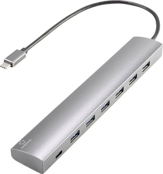 Produktbild: Renkforce RF-3374946 USB-Hub 6+1 Port USB-A USB 3.2 Gen1 5 GBit/s mit Pass-Through Stromanschluss, mit Aluminiumgeh&auml;use Silber