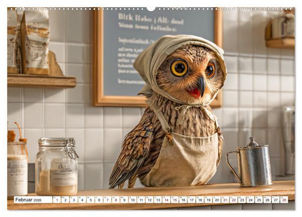 Produktbild: Eulen im Einsatz - 365 Tage voller schr&auml;ger Federf&uuml;hrung (hochwertiger Premium Wandkalender 2026 DIN A2 quer), Kunstdruck in Hochglanz