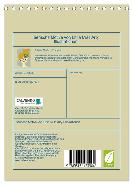 Produktbild: Tierische Motive von Little Miss Arty Illustrationen (Tischkalender 2026 DIN A5 hoch), CALVENDO Monatskalender