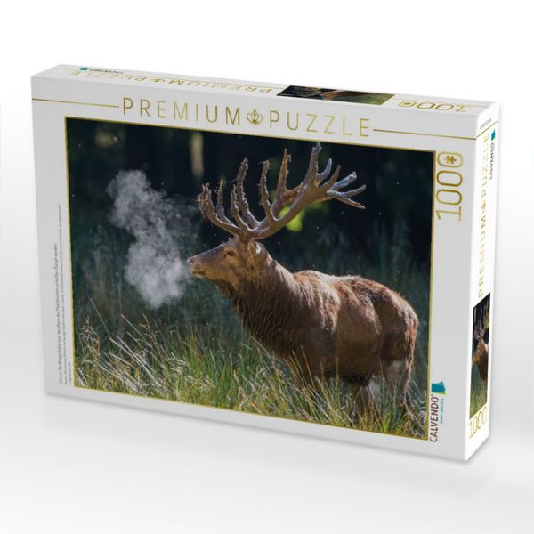 Produktbild: CALVENDO Puzzle Januar: Die Morgenk&auml;lte l&auml;sst den Atem des Platzhirschen zu hei&szlig;en Dampf werden. | 1000 Teile Lege-Gr&ouml;&szlig;e 64x48cm Foto-Puzzle f&uuml;r gl&uuml;ckliche Stunden