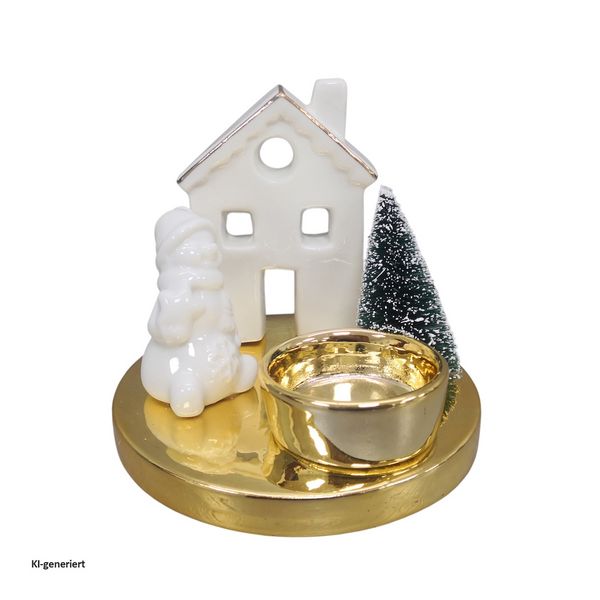Produktbild: HTI-Living Teelichthalter Weihnachtsdeko Schneemann Haus Tannenbaum Keramik Gold Wei&szlig;
