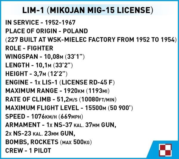 Produktbild: COBI 5822 - Historical Collection, Cold War, LIM-1 POLISH AIR FORCE 1952, Kampfflugzeug, 504 Klemmbausteine, 1 Figur