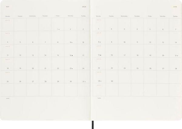 Moleskine 18 Monate Wochenkalender 2025/2026, XL, 1 Wo = 1 Seite, Rechts Linierte Seite, Weicher Einband, Schwarz