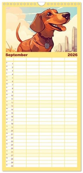 Produktbild: Familienplaner 2026 - Dackel mit 5 Spalten (Wandkalender, 21 x 45 cm) CALVENDO