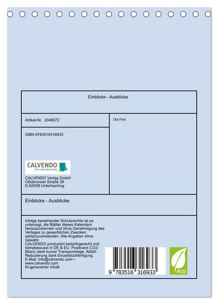 Produktbild: Einblicke - Ausblicke (Tischkalender 2026 DIN A5 hoch), CALVENDO Monatskalender