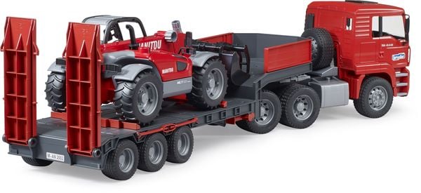 Produktbild: Bruder MAN TGA Tieflader mit Manitou Teleskoplader Fertigmodell Baufahrzeug Modell