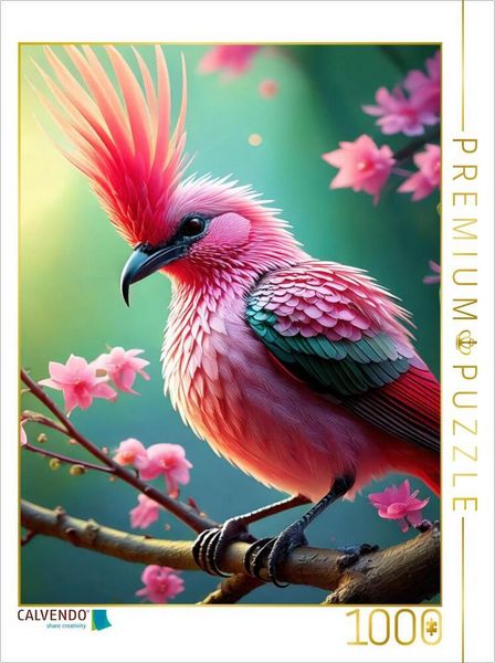 CALVENDO Puzzle Ein bunter Paradiesvogel mit pinkfarbenen Federkamm inmitten zarten pinkfarbenen Blumen | 1000 Teile Lege-Größe 64x48cm Foto-Puzzle