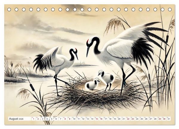 Produktbild: Eleganz der Kraniche - Majest&auml;tische V&ouml;gel in poetischer Tusche (Tischkalender 2026 DIN A5 quer), CALVENDO Monatskalender