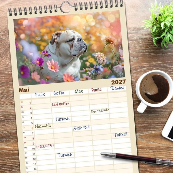 Produktbild: Familienplaner 2027 - Englische Bulldoggen im Bl&uuml;tenmeer mit 5 Spalten (Wandkalender, 21 x 45 cm) CALVENDO