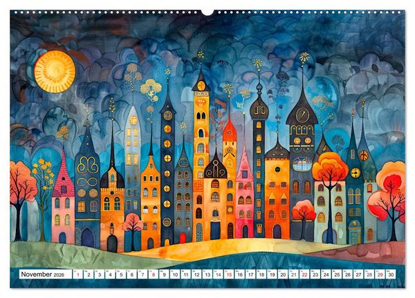 Produktbild: Stadt - Eine farbenfrohe Skyline (hochwertiger Premium Wandkalender 2026 DIN A2 quer), Kunstdruck in Hochglanz