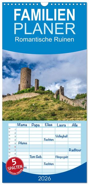 Familienplaner 2026 - Romantische Ruinen mit 5 Spalten (Wandkalender, 21 x 45 cm) CALVENDO