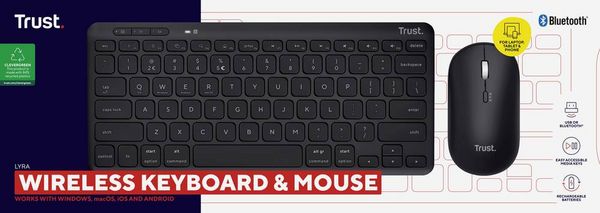 Produktbild: Trust Lyra WL Bluetooth&reg;, Funk Tastatur, Maus-Set Wiederaufladbar, Ger&auml;uscharme Tasten, Spritzwassergesch&uuml;tzt, Multimediatasten