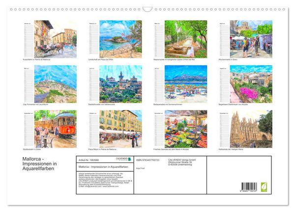 Produktbild: Mallorca - Impressionen in Aquarellfarben (Wandkalender 2026 DIN A2 quer), CALVENDO Monatskalender