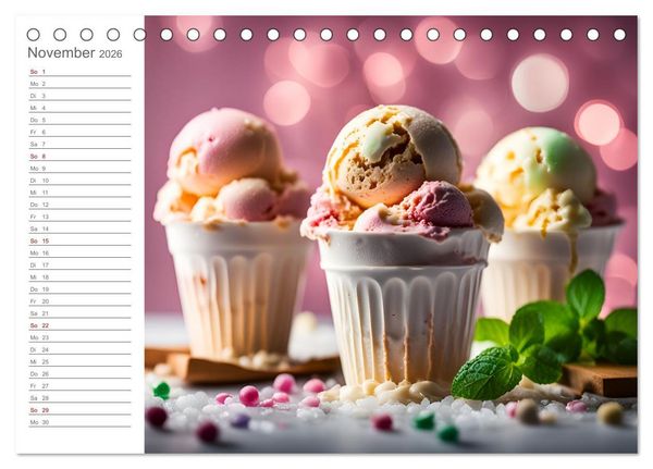 Produktbild: K&ouml;stliche Versuchung - Der zuckers&uuml;&szlig;e Eiscreme Geburtstagskalender mit erfrischenden KI Eisgen&uuml;ssen (Tischkalender 2026 DIN A5 quer), CALVENDO Monatskalender