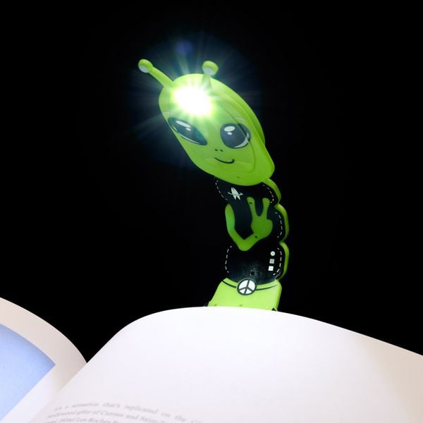 Produktbild: Flexilight Pals Leselicht (Aliens) - grün - 2 in 1 Leselampe & Lesezeichen - LED Leselicht - Geschenk für Leser, Buchliebhaber - Deutsche Ausgabe