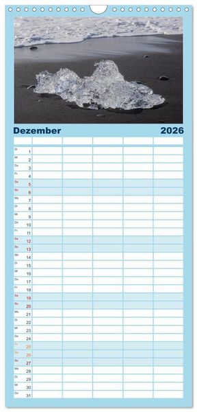 Produktbild: Familienplaner 2026 - Island - Gletscher, Wasserf&auml;lle, Hei&szlig;e Quellen mit 5 Spalten (Wandkalender, 21 x 45 cm) CALVENDO