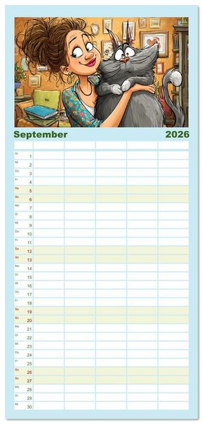 Produktbild: Familienplaner 2026 - Katzen und Frauen. Lustige Cartoons vom t&auml;glichen Chaos mit 5 Spalten (Wandkalender, 21 x 45 cm) CALVENDO