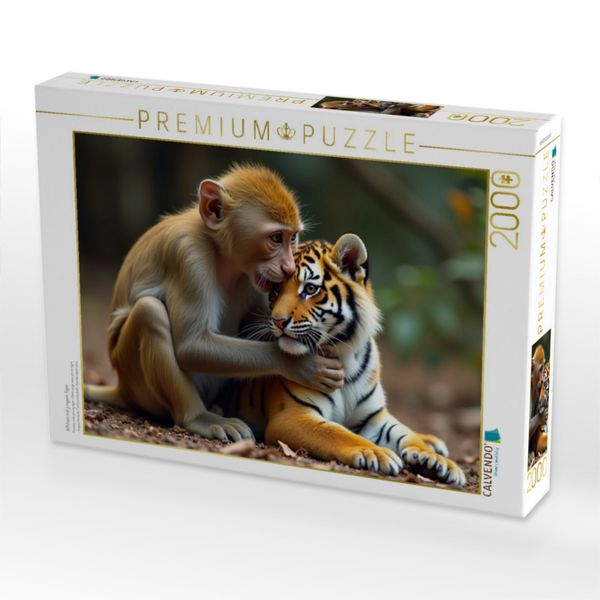 Produktbild: CALVENDO Puzzle &Auml;ffchen mit jungem Tiger | 2000 Teile Lege-Gr&ouml;&szlig;e 90x67cm Foto-Puzzle f&uuml;r gl&uuml;ckliche Stunden