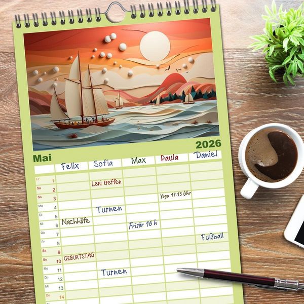 Produktbild: Familienplaner 2026 - Paper Art mit 5 Spalten (Wandkalender, 21 x 45 cm) CALVENDO