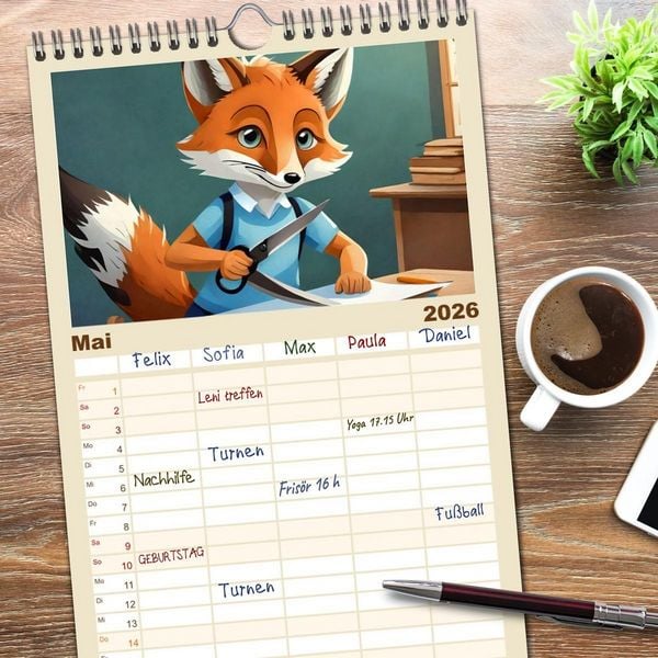 Produktbild: Familienplaner 2026 - Schlaufuchs - Abenteuer Schule mit 5 Spalten (Wandkalender, 21 x 45 cm) CALVENDO