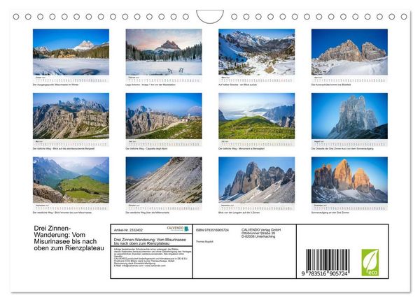 Produktbild: Drei Zinnen-Wanderung: Vom Misurinasee bis nach oben zum Rienzplateau (Wandkalender 2027 DIN A4 quer), CALVENDO Monatskalender
