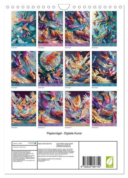 Produktbild: Papierv&ouml;gel - Digitale Kunst (Wandkalender 2026 DIN A4 hoch), CALVENDO Monatskalender