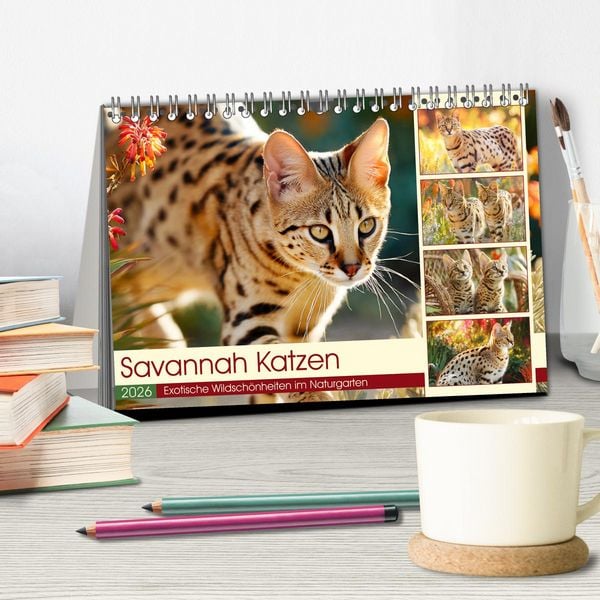 Produktbild: Savannah Katzen. Exotische Wildsch&ouml;nheiten im Naturgarten (Tischkalender 2026 DIN A5 quer), CALVENDO Monatskalender