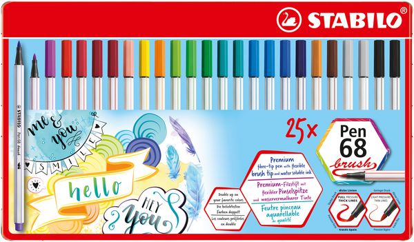 Produktbild: STABILO Premium-Filzstift mit Pinselspitze f&uuml;r variable Strichst&auml;rken -   Pen 68 brush - 25er Metalletui - mit 19 verschiedenen Farben