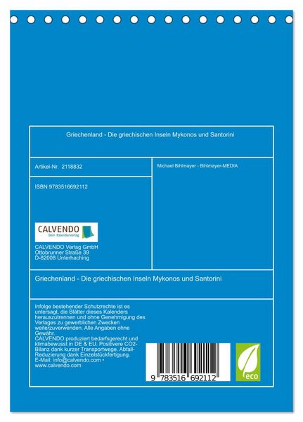 Produktbild: Griechenland - Die griechischen Inseln Mykonos und Santorini (Tischkalender 2026 DIN A5 hoch), CALVENDO Monatskalender