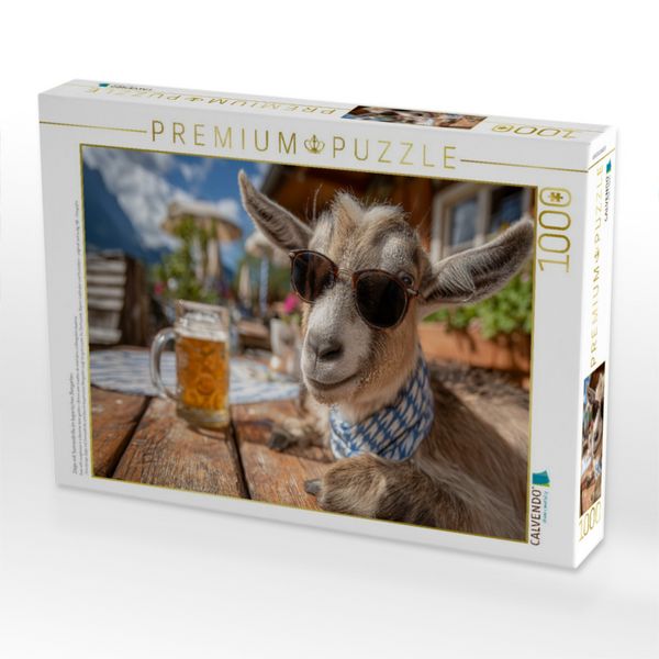 Produktbild: CALVENDO Puzzle Ziege mit Sonnenbrille im bayerischen Biergarten | 1000 Teile Lege-Gr&ouml;&szlig;e 64x48cm Foto-Puzzle f&uuml;r gl&uuml;ckliche Stunden