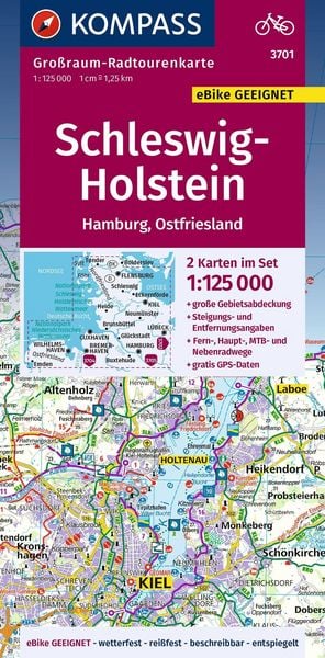 Produktbild: KOMPASS Gro&szlig;raum-Radtourenkarte 3701 Schleswig-Holstein, Hamburg, Ostfriesland 1:125.000