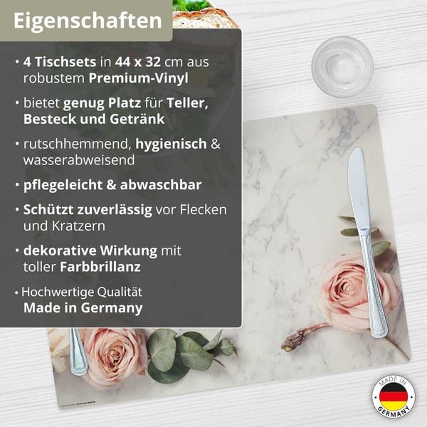 Produktbild: Tischsetmacher Tischsets Rosen auf Marmor, aus hochwertigem Vinyl (4 St&uuml;ck), 44 x 32 cm