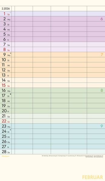 Produktbild: Superplaner Farbenfroh 2026 - 5 Spalten - Familienkalender 26x45 cm - Offset-Papier - mit Ferienterminen - Wandkalender - Wandplaner