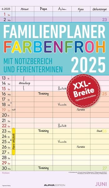 Familienplaner Farbenfroh 2025 mit 5 Spalten - Familienkal.