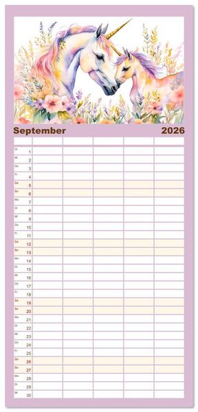 Produktbild: Familienplaner 2026 - Magische Einh&ouml;rner - Traumlandschaften unterm Regenbogen mit 5 Spalten (Wandkalender, 21 x 45 cm) CALVENDO