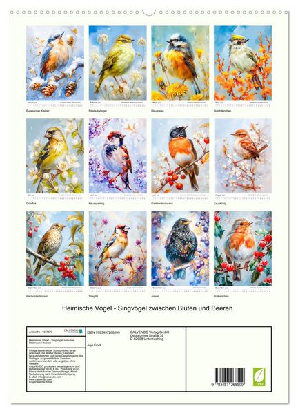 Produktbild: Heimische V&ouml;gel - Singv&ouml;gel zwischen Bl&uuml;ten und Beeren (hochwertiger Premium Wandkalender 2026 DIN A2 hoch), Kunstdruck in Hochglanz