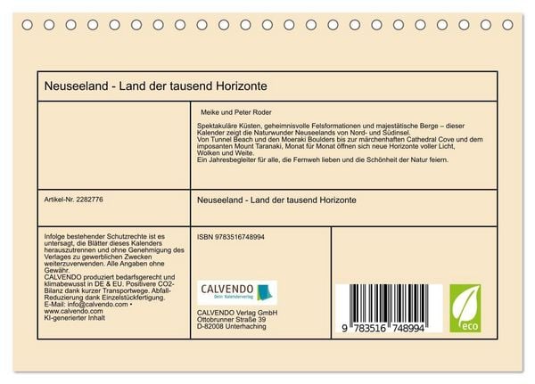 Produktbild: Neuseeland - Land der tausend Horizonte (Tischkalender 2026 DIN A5 quer), CALVENDO Monatskalender