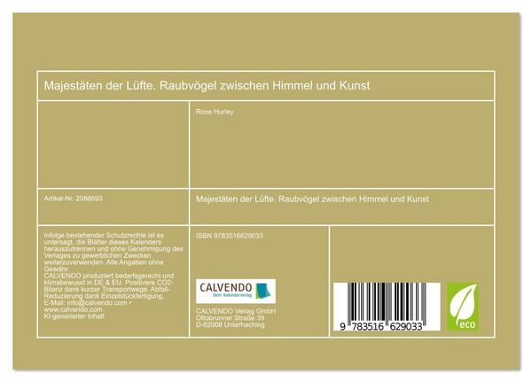 Produktbild: Majest&auml;ten der L&uuml;fte. Raubv&ouml;gel zwischen Himmel und Kunst (Tischkalender 2026 DIN A5 quer), CALVENDO Monatskalender