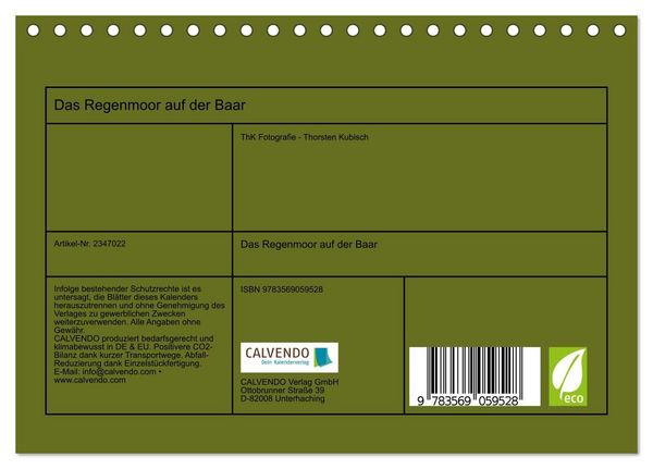 Produktbild: Das Regenmoor auf der Baar (Tischkalender 2027 DIN A5 quer), CALVENDO Monatskalender